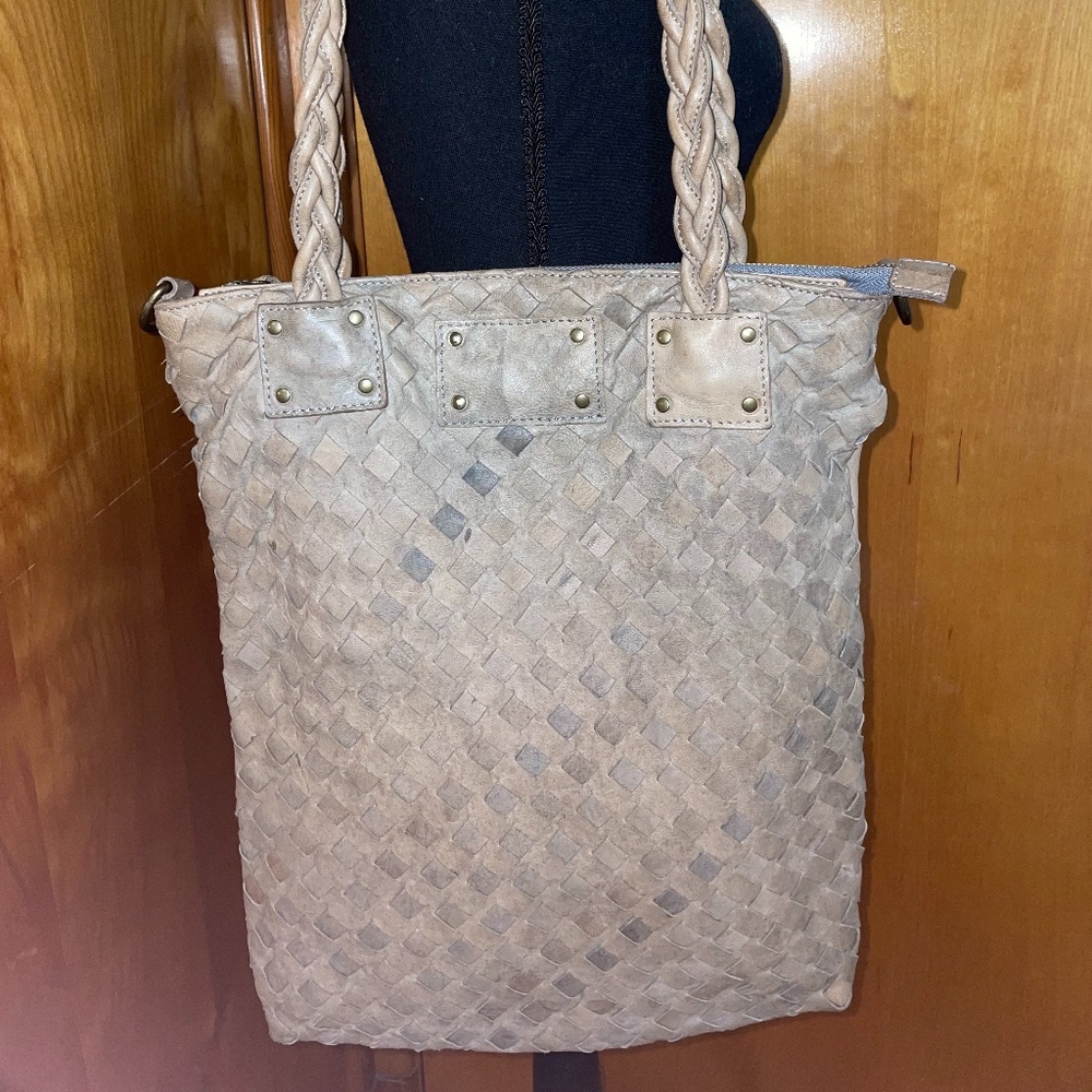 Langellotti Woven Vintage Leather Medium Hobo Shoulder Bag Taupe Made in Italy